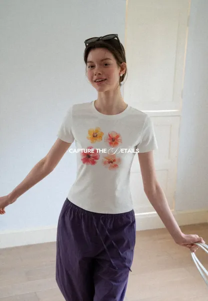 Floral Print Short Sleeve Crew Neck Tshirt