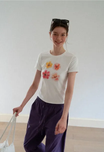 Floral Print Short Sleeve Crew Neck Tshirt