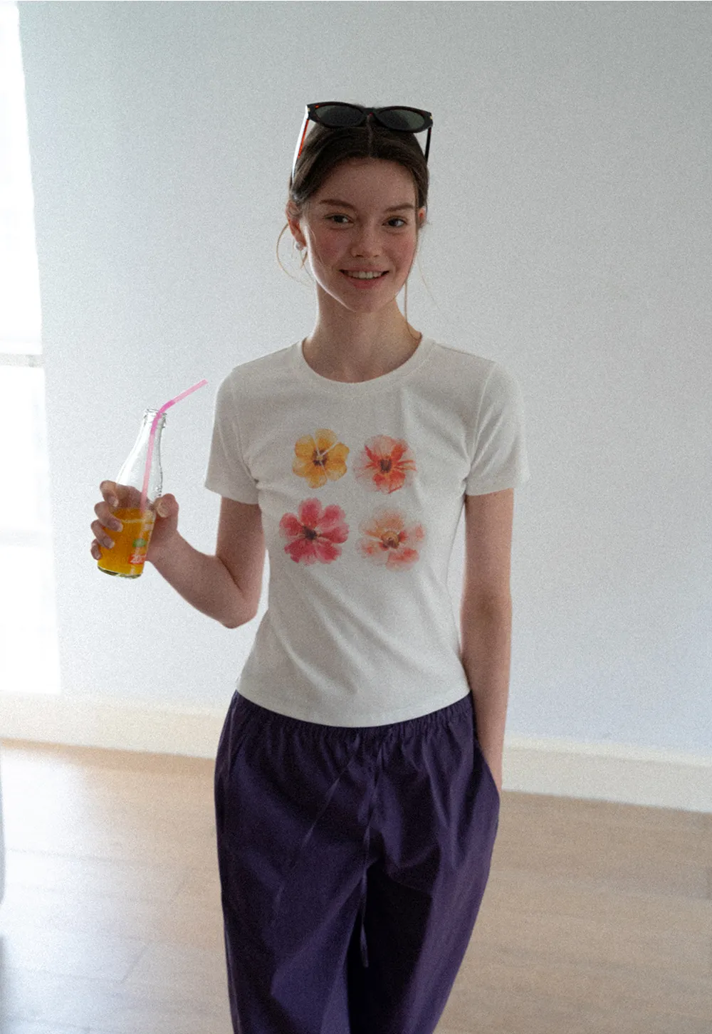 Floral Print Short Sleeve Crew Neck Tshirt