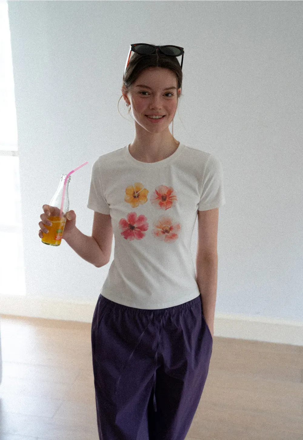 Floral Print Short Sleeve Crew Neck Tshirt