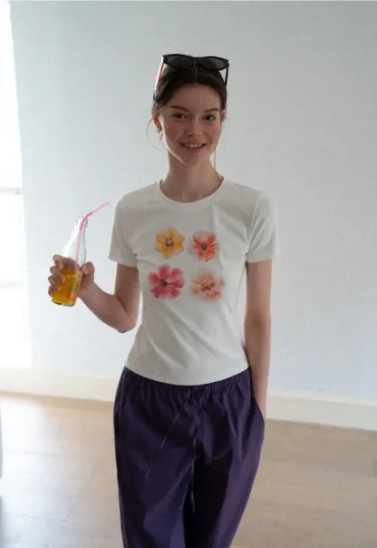 Floral Print Short Sleeve Crew Neck Tshirt