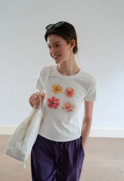 Floral Print Short Sleeve Crew Neck Tshirt