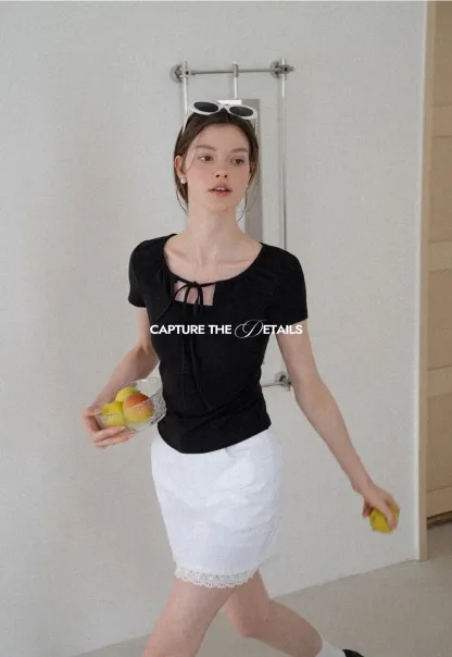 Square Neck Tie Front Short Sleeve Top
