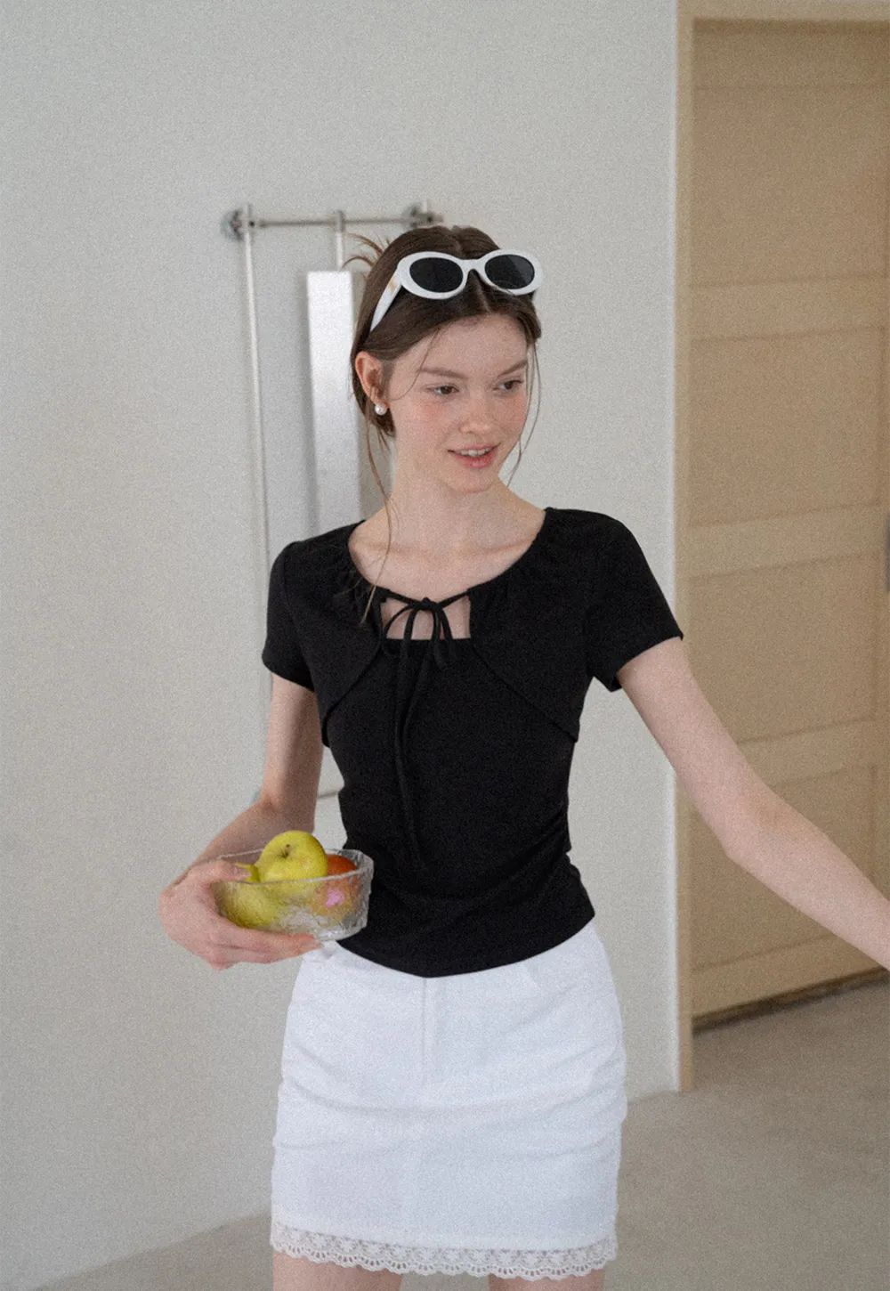 Square Neck Tie Front Short Sleeve Top