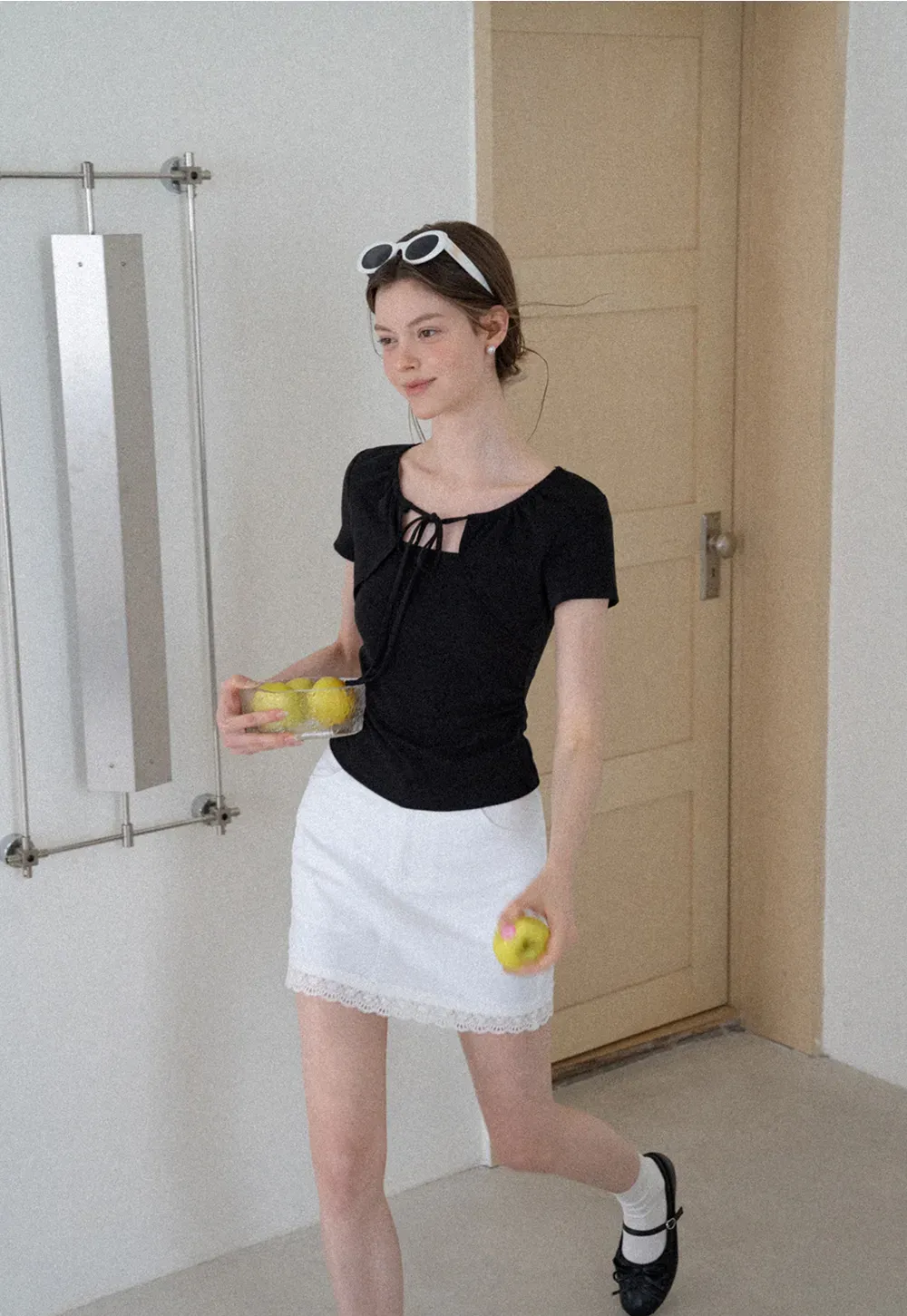 Square Neck Tie Front Short Sleeve Top