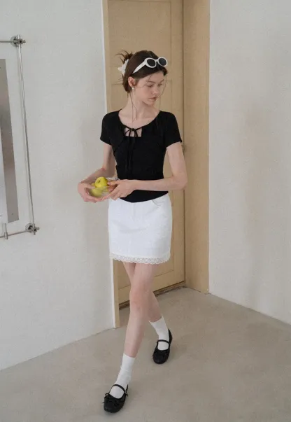 Square Neck Tie Front Short Sleeve Top