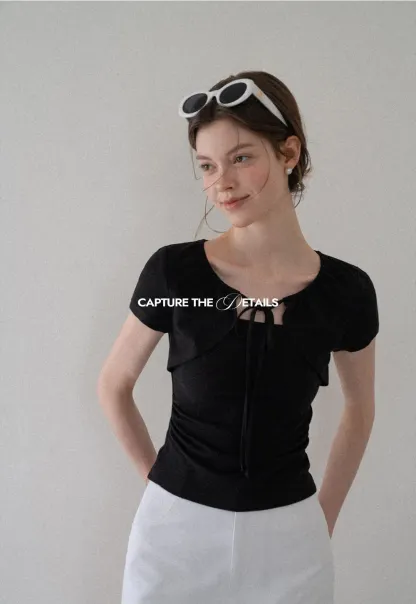 Square Neck Tie Front Short Sleeve Top