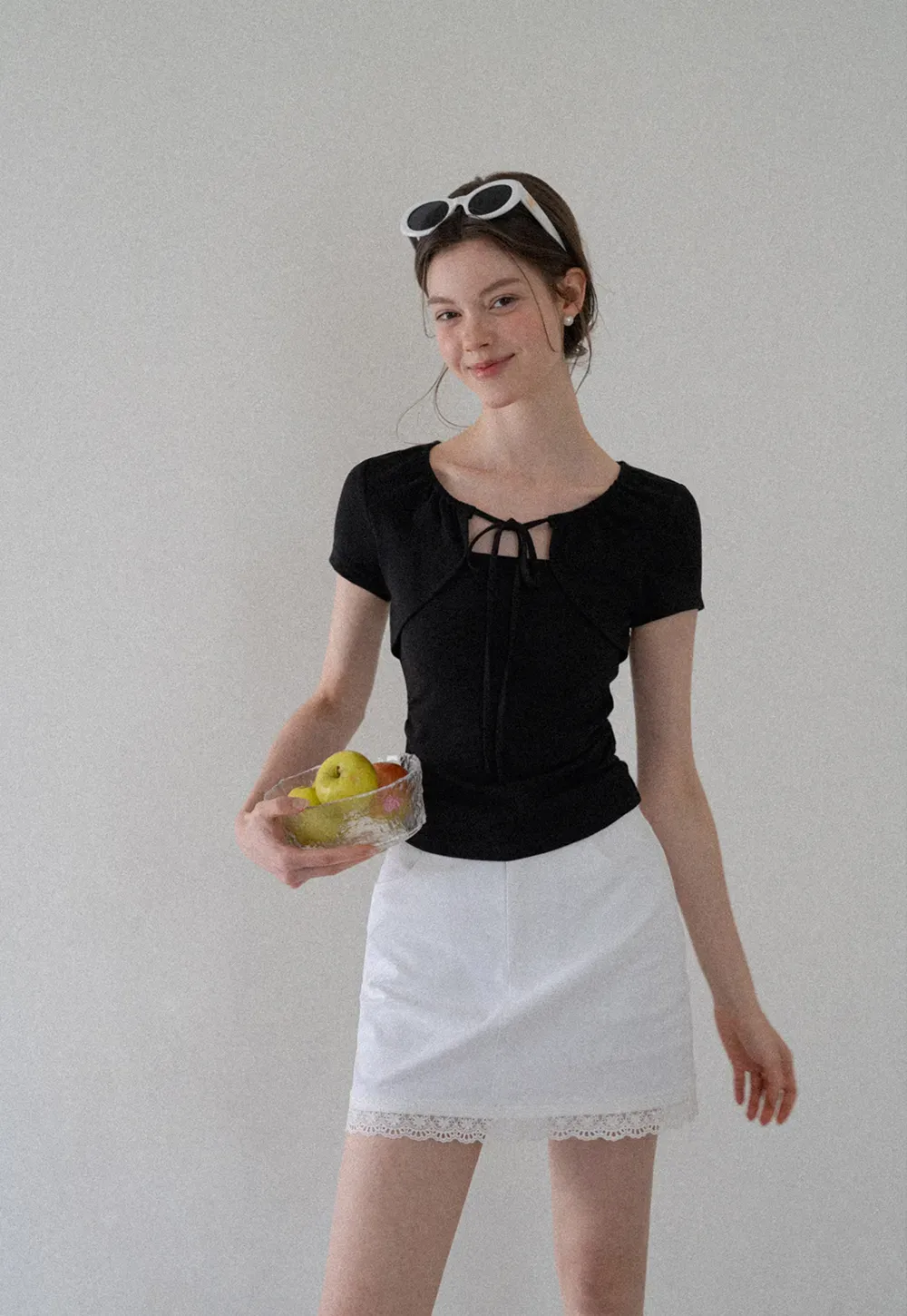 Square Neck Tie Front Short Sleeve Top