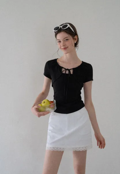 Square Neck Tie Front Short Sleeve Top