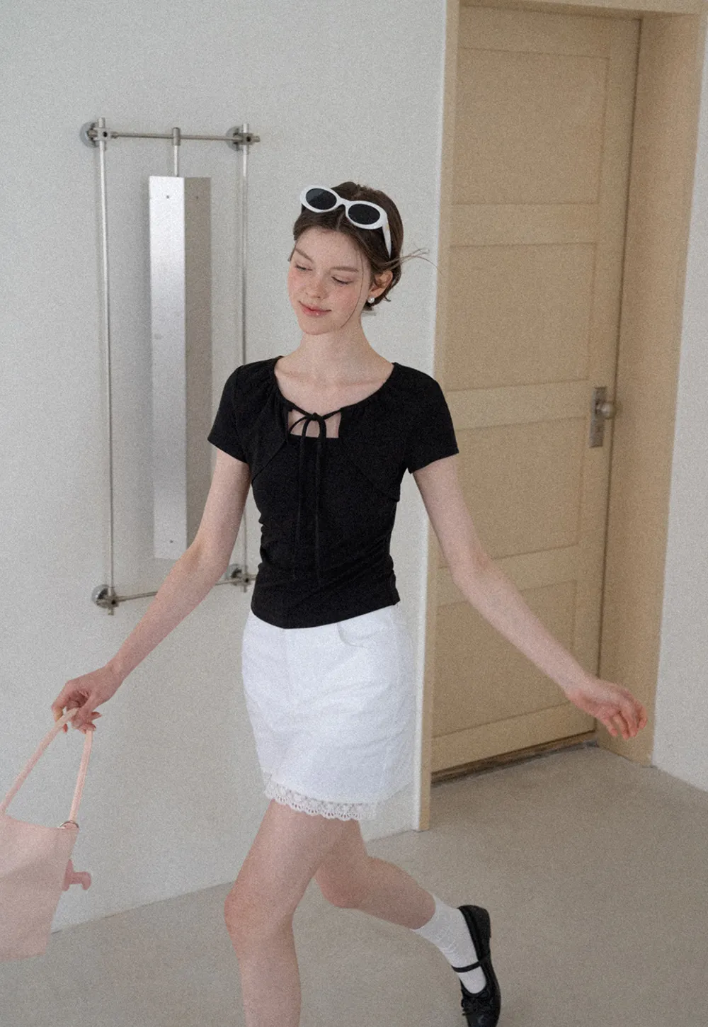 Square Neck Tie Front Short Sleeve Top