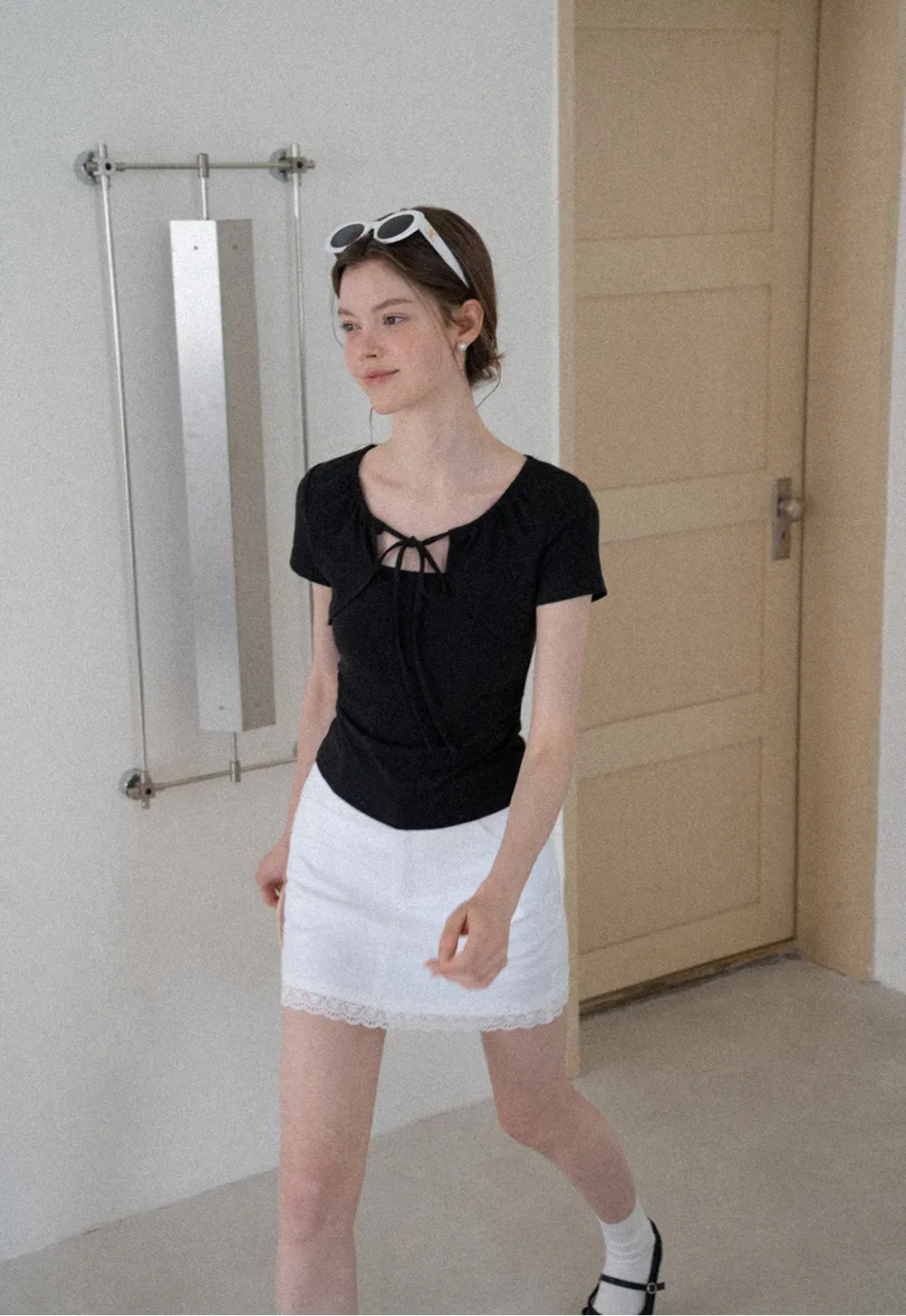Square Neck Tie Front Short Sleeve Top