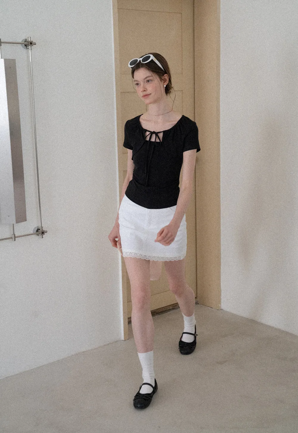 Square Neck Tie Front Short Sleeve Top