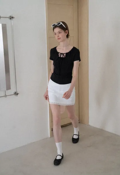 Square Neck Tie Front Short Sleeve Top