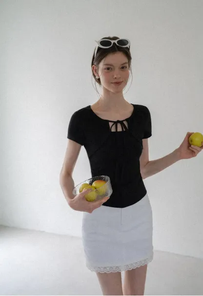 Square Neck Tie Front Short Sleeve Top