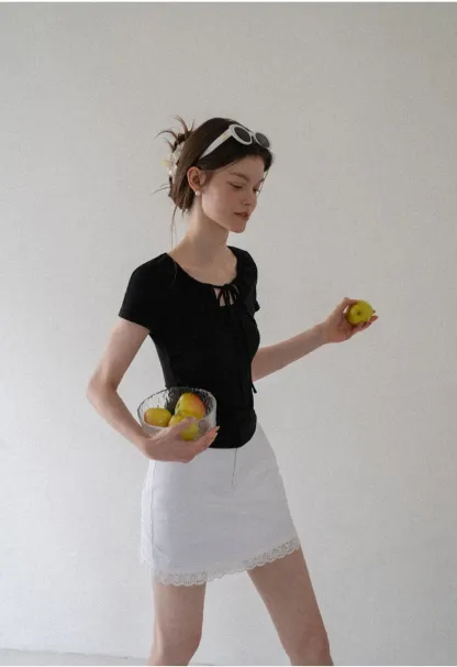 Square Neck Tie Front Short Sleeve Top