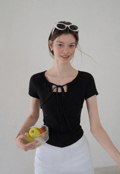 Square Neck Tie Front Short Sleeve Top