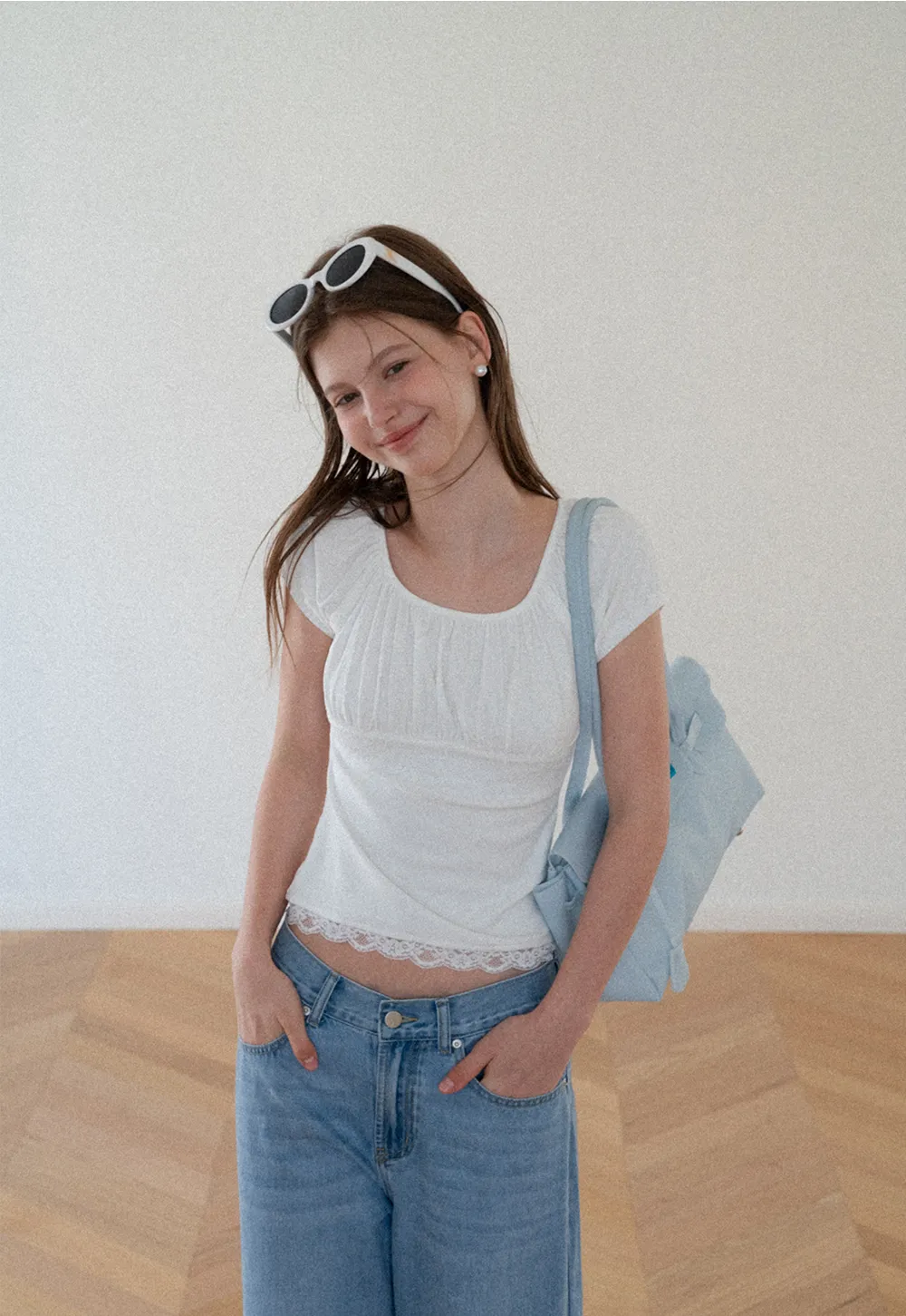 Lace Trim Square Neck Short Sleeve Top