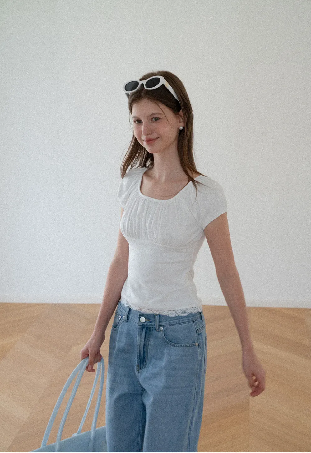 Lace Trim Square Neck Short Sleeve Top