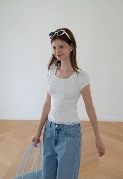 Lace Trim Square Neck Short Sleeve Top