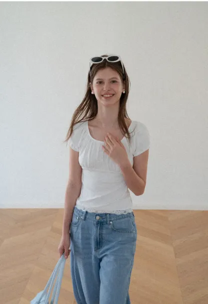 Lace Trim Square Neck Short Sleeve Top