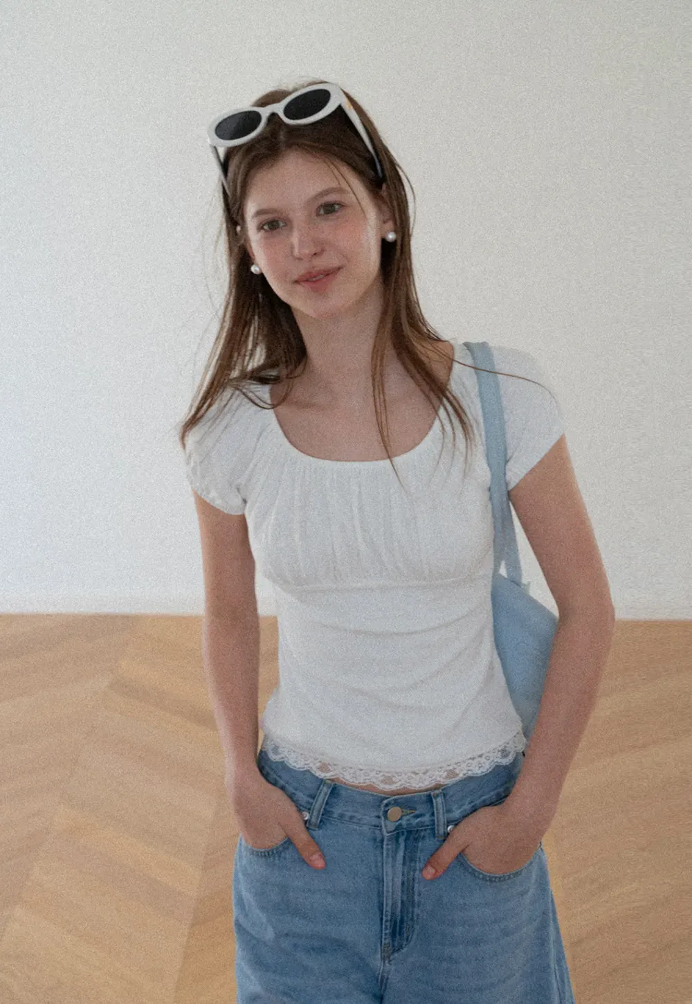 Lace Trim Square Neck Short Sleeve Top