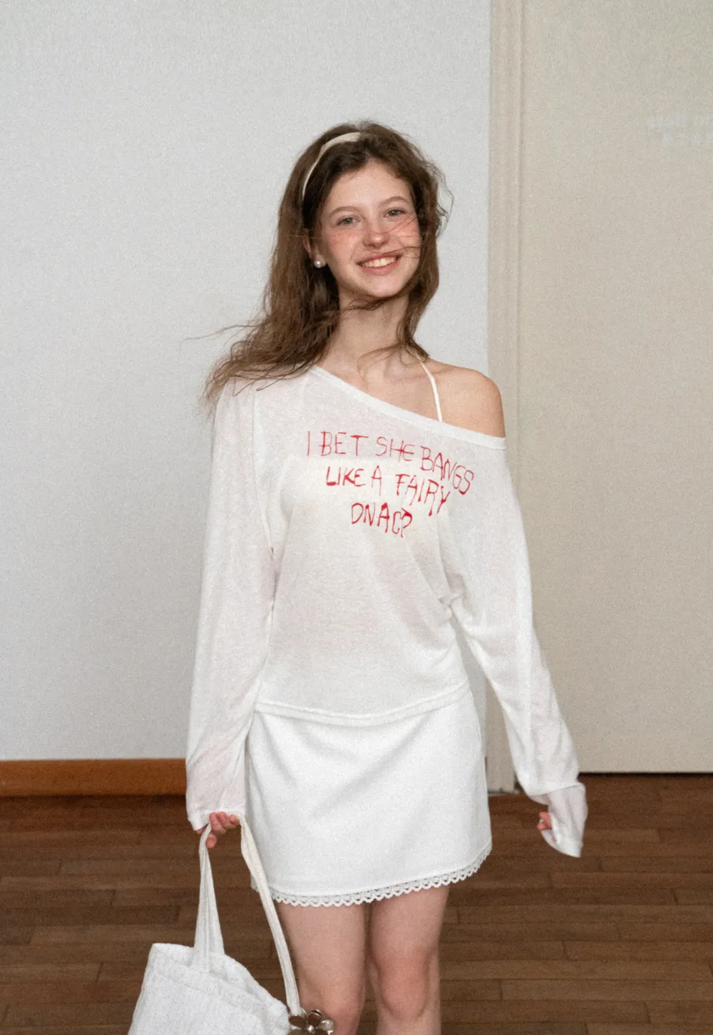 Asymmetric Shoulder Long Sleeve T Shirt With Embroidered Text