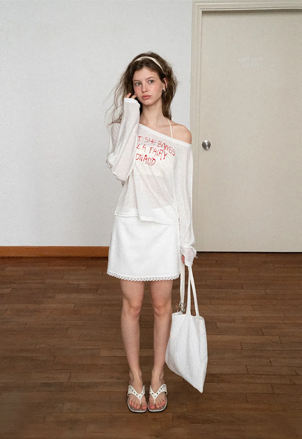 Asymmetric Shoulder Long Sleeve T Shirt With Embroidered Text
