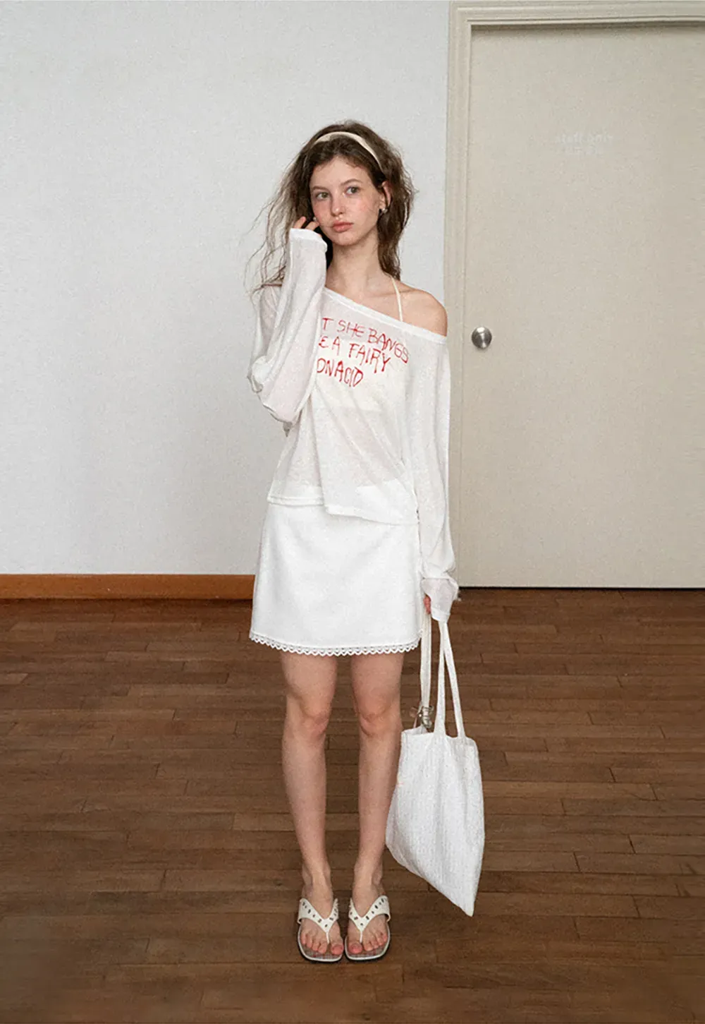 Asymmetric Shoulder Long Sleeve T Shirt With Embroidered Text