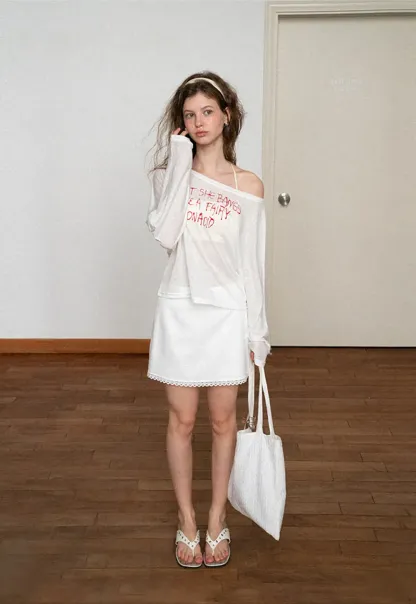 Asymmetric Shoulder Long Sleeve T Shirt With Embroidered Text