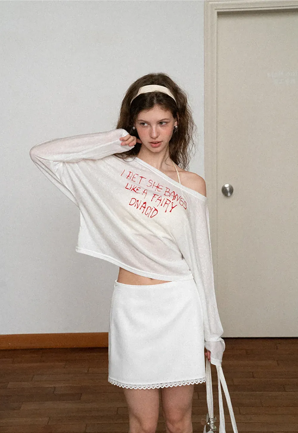 Asymmetric Shoulder Long Sleeve T Shirt With Embroidered Text
