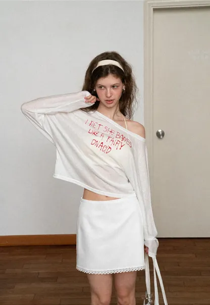 Asymmetric Shoulder Long Sleeve T Shirt With Embroidered Text