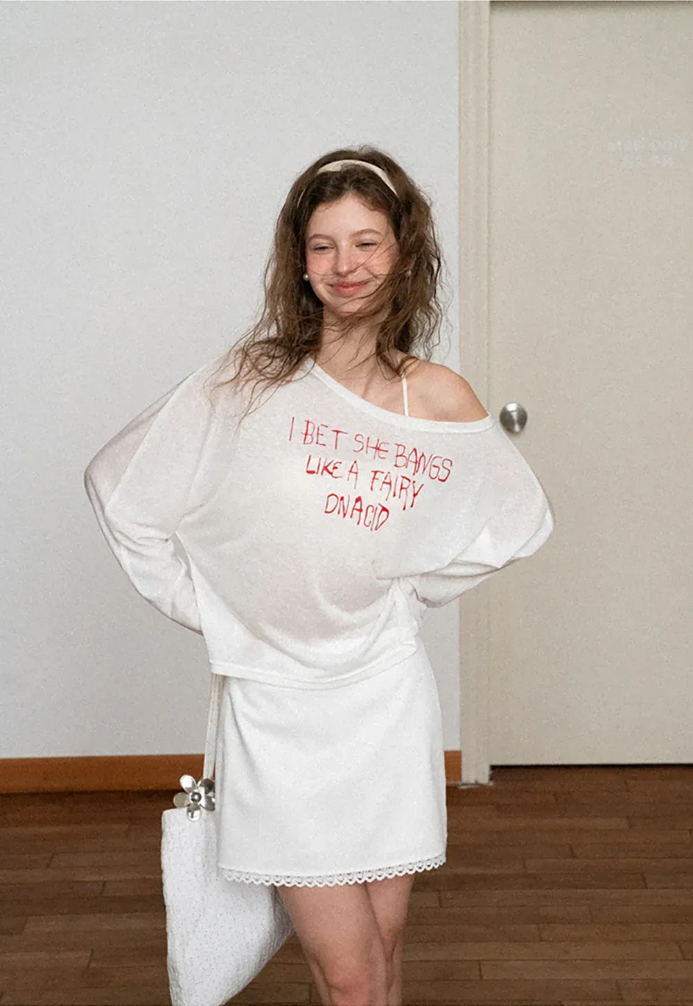Asymmetric Shoulder Long Sleeve T Shirt With Embroidered Text