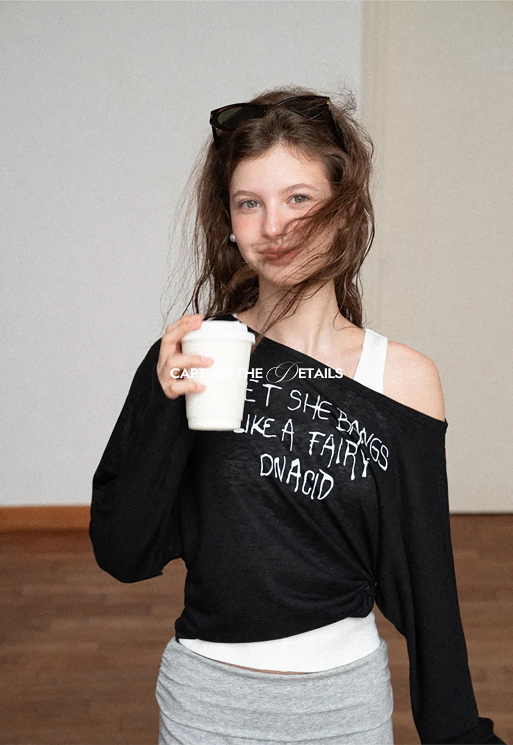 Asymmetric Shoulder Long Sleeve T Shirt With Embroidered Text
