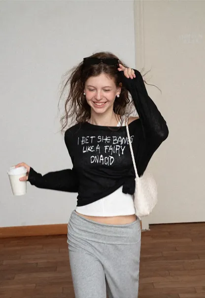 Asymmetric Shoulder Long Sleeve T Shirt With Embroidered Text