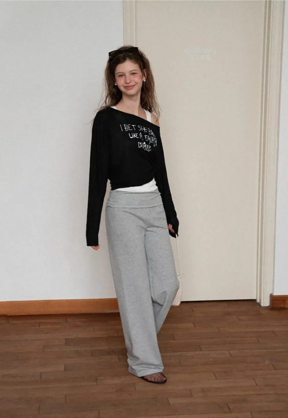 Asymmetric Shoulder Long Sleeve T Shirt With Embroidered Text
