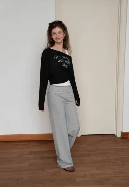 Asymmetric Shoulder Long Sleeve T Shirt With Embroidered Text