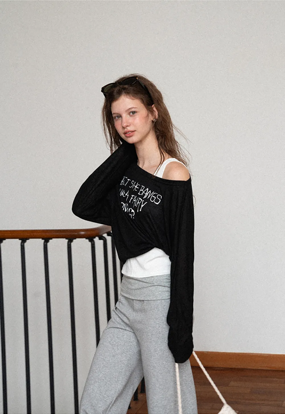 Asymmetric Shoulder Long Sleeve T Shirt With Embroidered Text