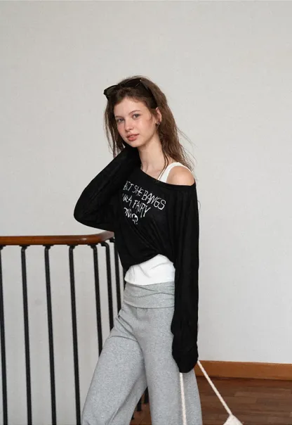 Asymmetric Shoulder Long Sleeve T Shirt With Embroidered Text