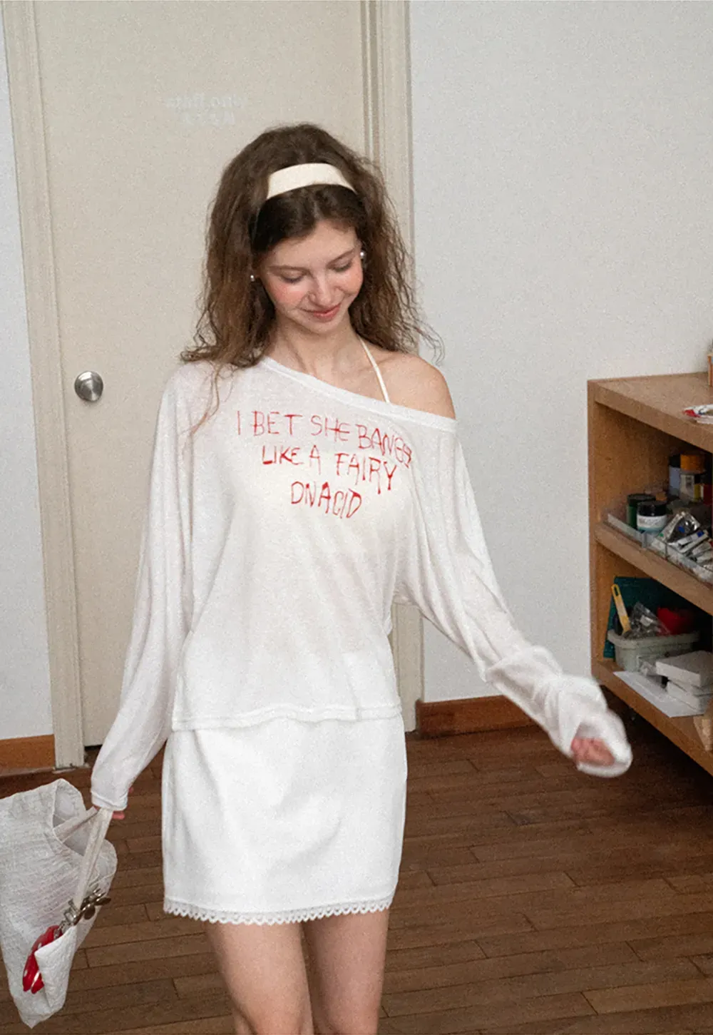Asymmetric Shoulder Long Sleeve T Shirt With Embroidered Text