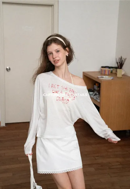 Asymmetric Shoulder Long Sleeve T Shirt With Embroidered Text