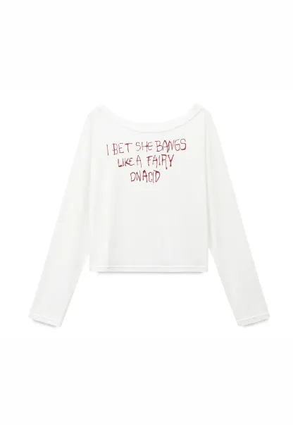 Asymmetric Shoulder Long Sleeve T Shirt With Embroidered Text