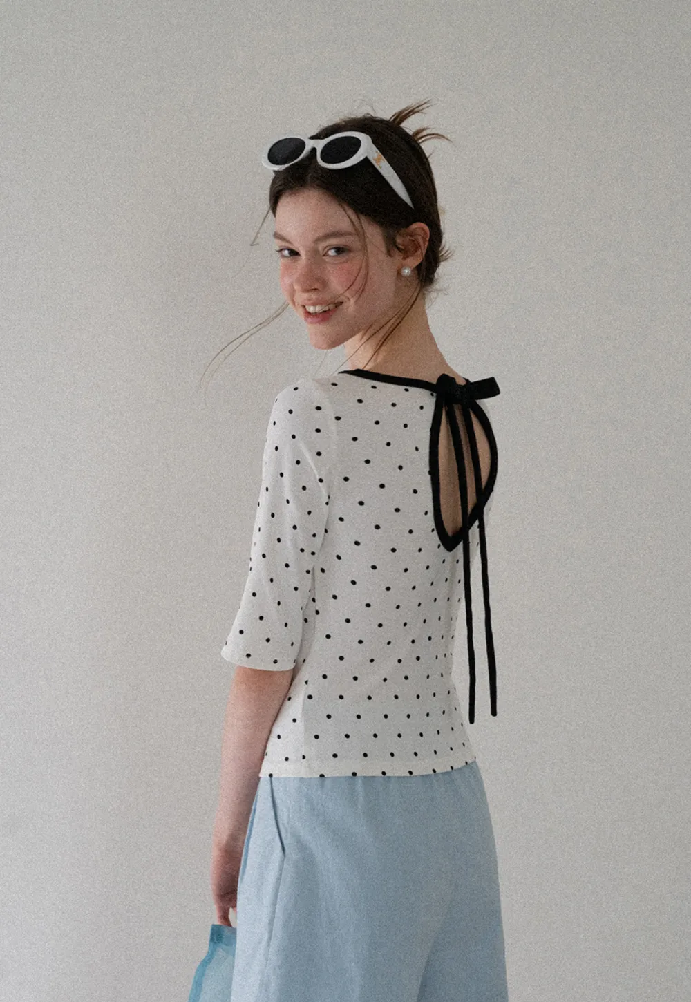 Polka Dot Print Tie Back Short Sleeve Top