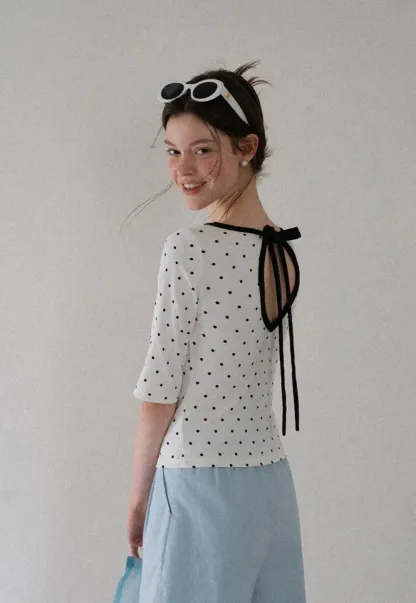 Polka Dot Print Tie Back Short Sleeve Top