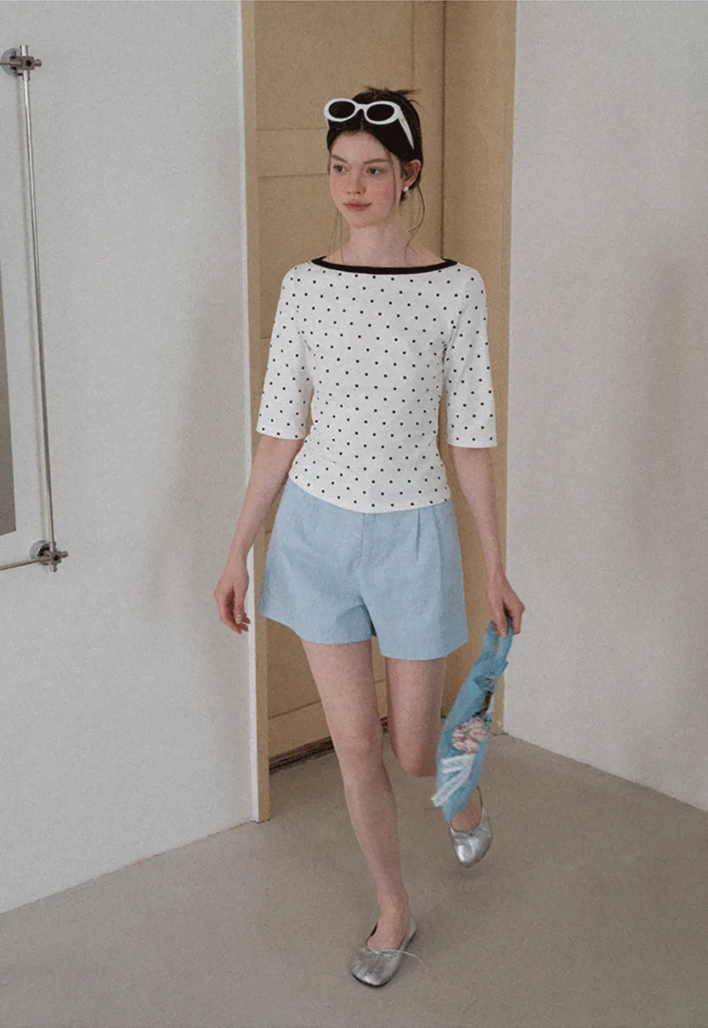 Polka Dot Print Tie Back Short Sleeve Top