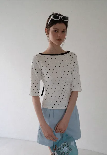 Polka Dot Print Tie Back Short Sleeve Top
