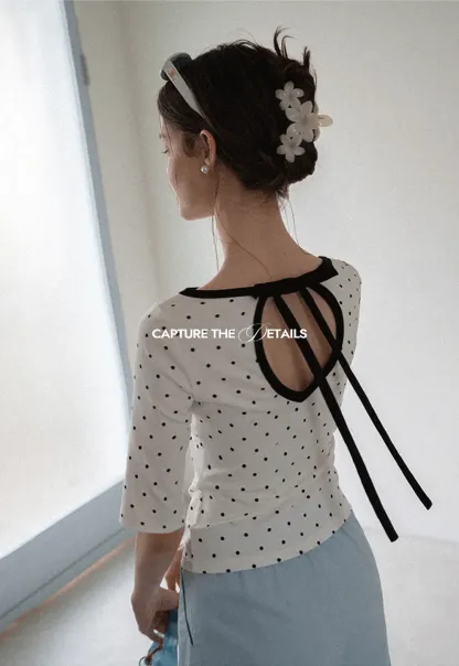 Polka Dot Print Tie Back Short Sleeve Top