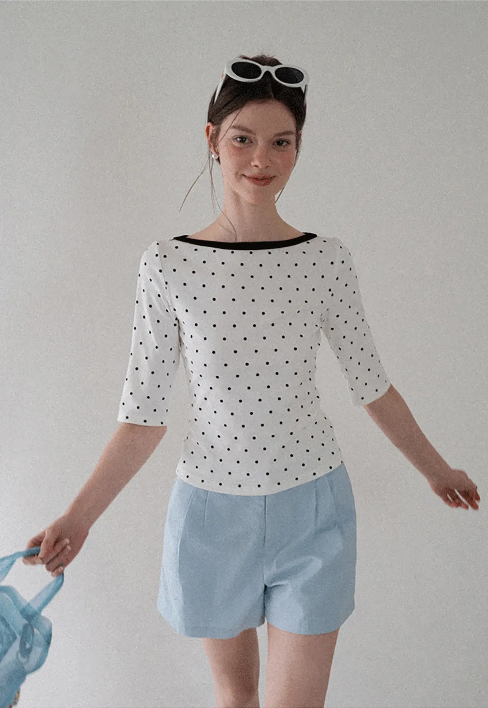 Polka Dot Print Tie Back Short Sleeve Top