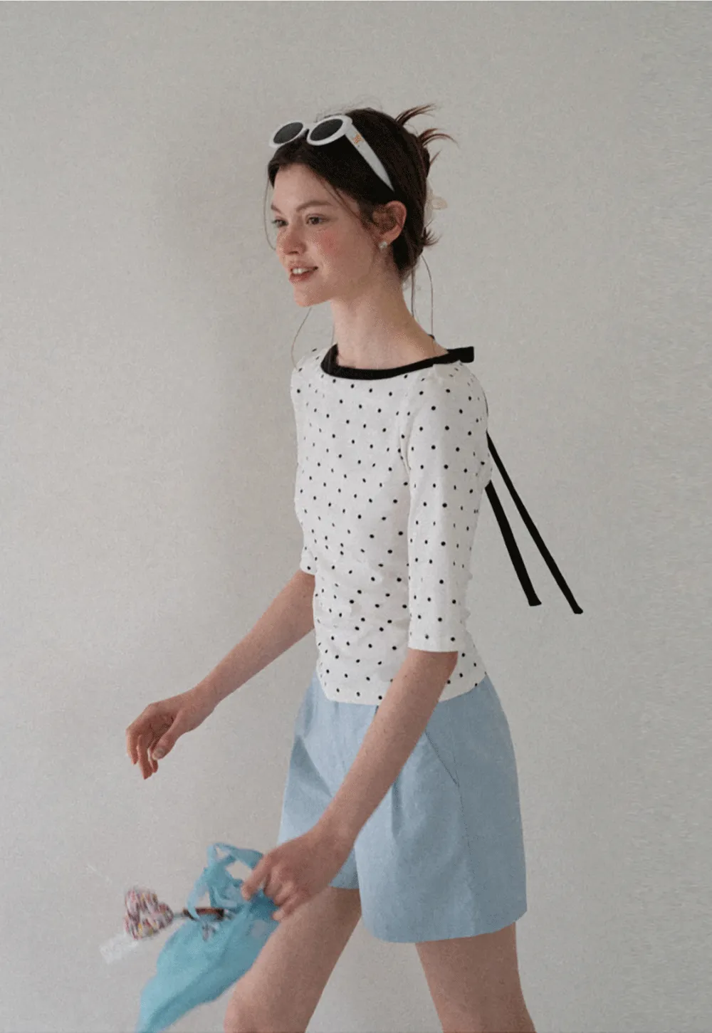 Polka Dot Print Tie Back Short Sleeve Top
