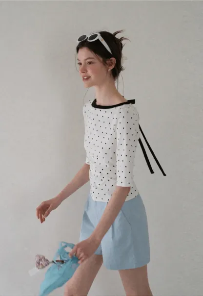 Polka Dot Print Tie Back Short Sleeve Top
