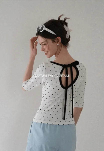 Polka Dot Print Tie Back Short Sleeve Top